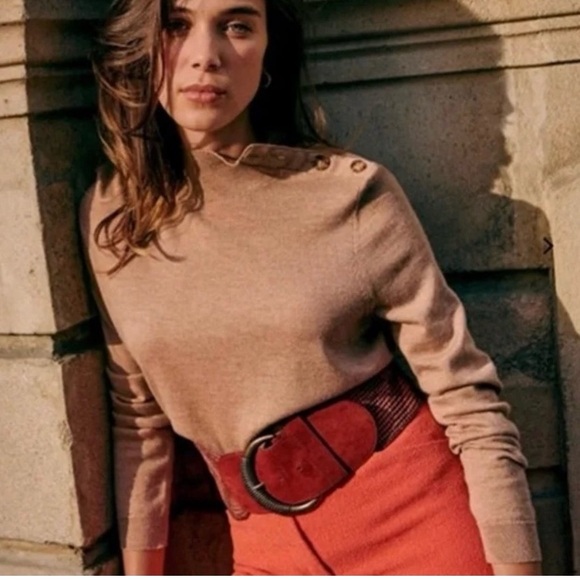 Sezane Jacob Jumper Merino Wool Camel Sweater Mock Neck size XS French Fitted - Picture 1 of 9